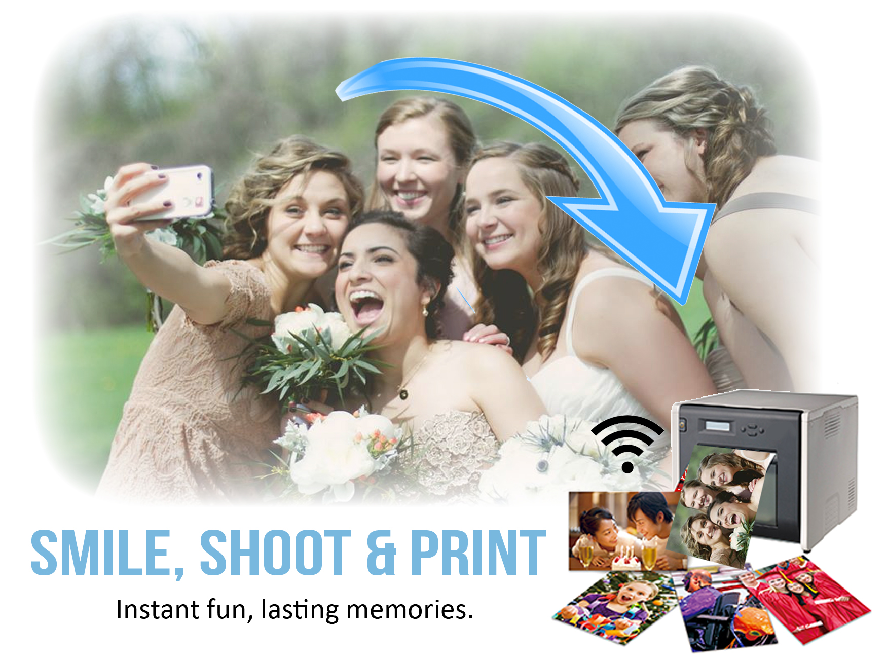 image shows graphic with smile shoot and print text and a bridal party taking a selfie and sending this to a printer