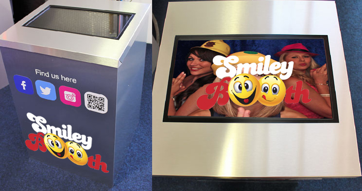 Image shows social media terminal with Smiley Booth logo